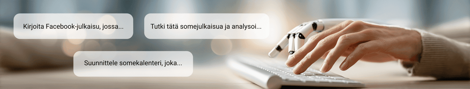 Kuvituskuva. Ihmiskäsi ja robottikäsi kirjoittavat näppäimistöllä kehotteita tekoälylle. Kuvassa kolme aloitusta tekoälykehotteista.