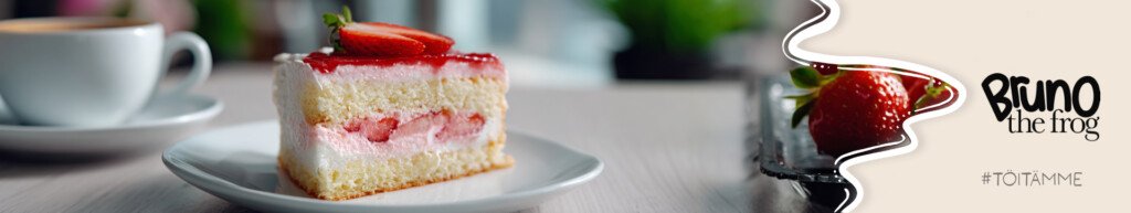 mansikkakakku lautasella - Bruno the Frog, töitämme